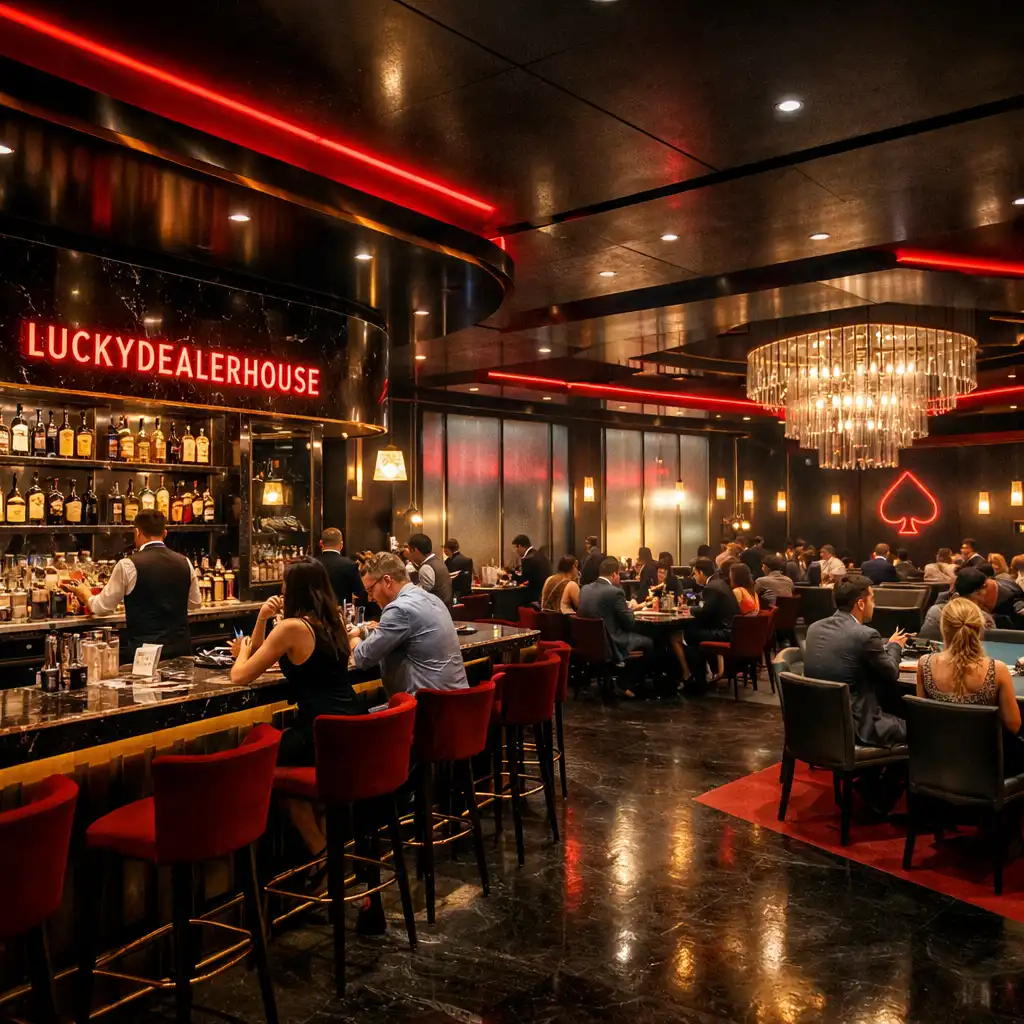 Wide-angle view of the Luckydealerhouse interior showing the bar, dining area, and poker room