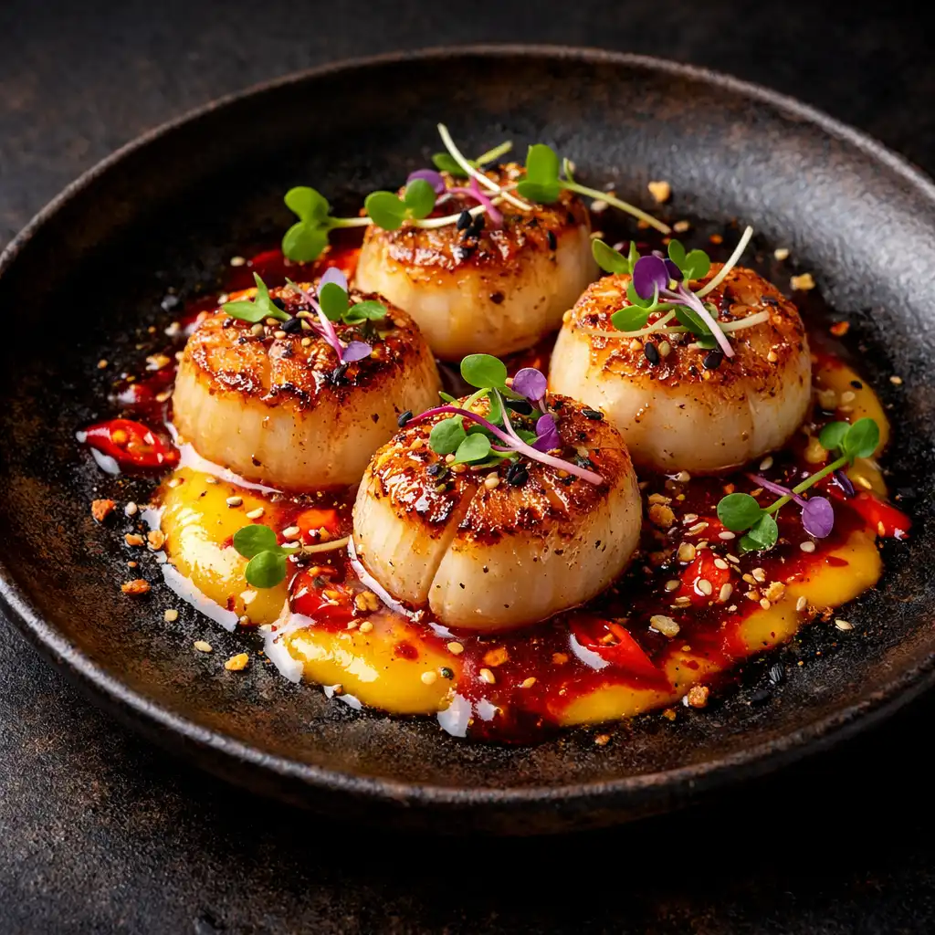 Seared scallops with vibrant sauce and microgreens on a dark ceramic plate