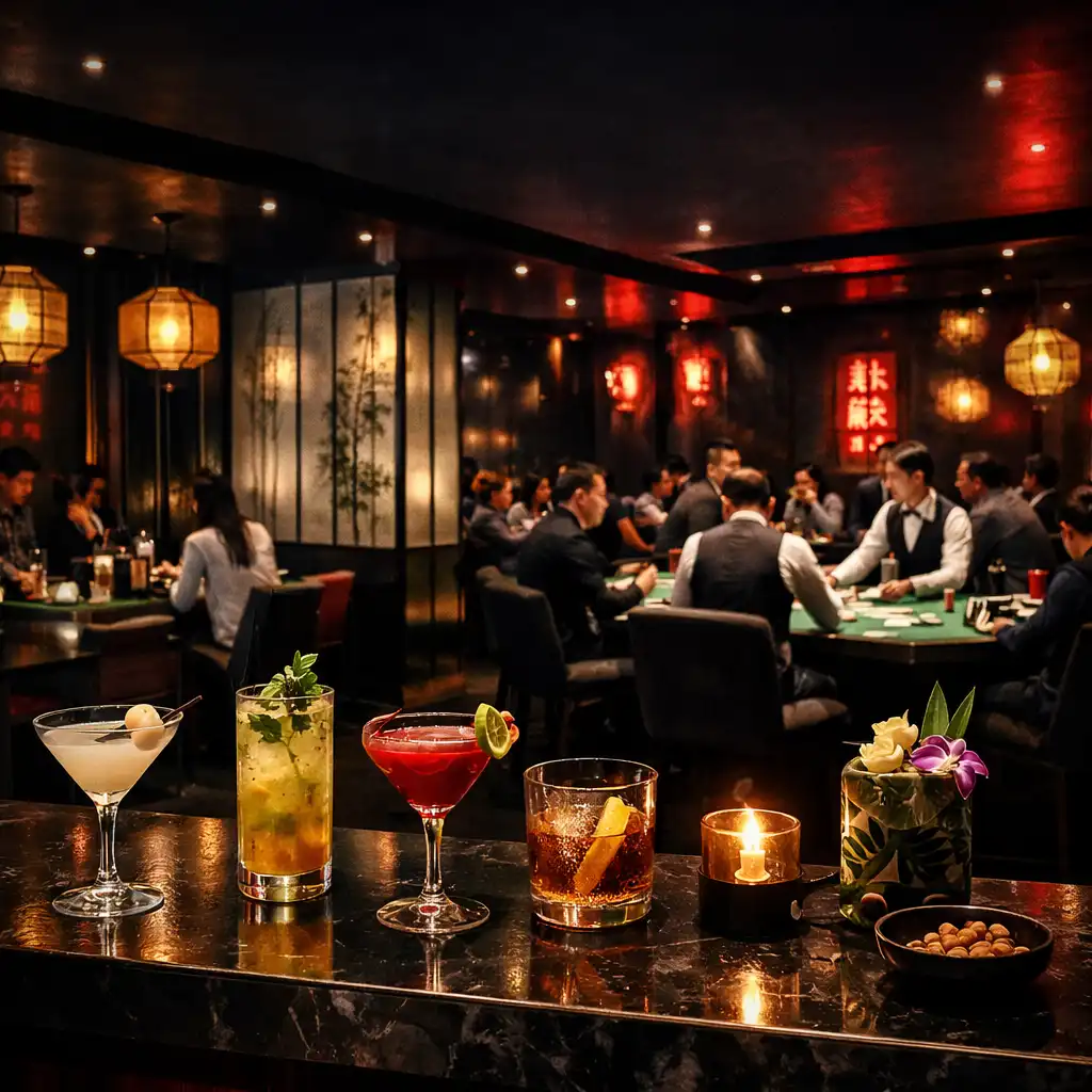 Luckydealerhouse interior at night featuring a sleek bar, felt poker tables, and crimson neon lighting