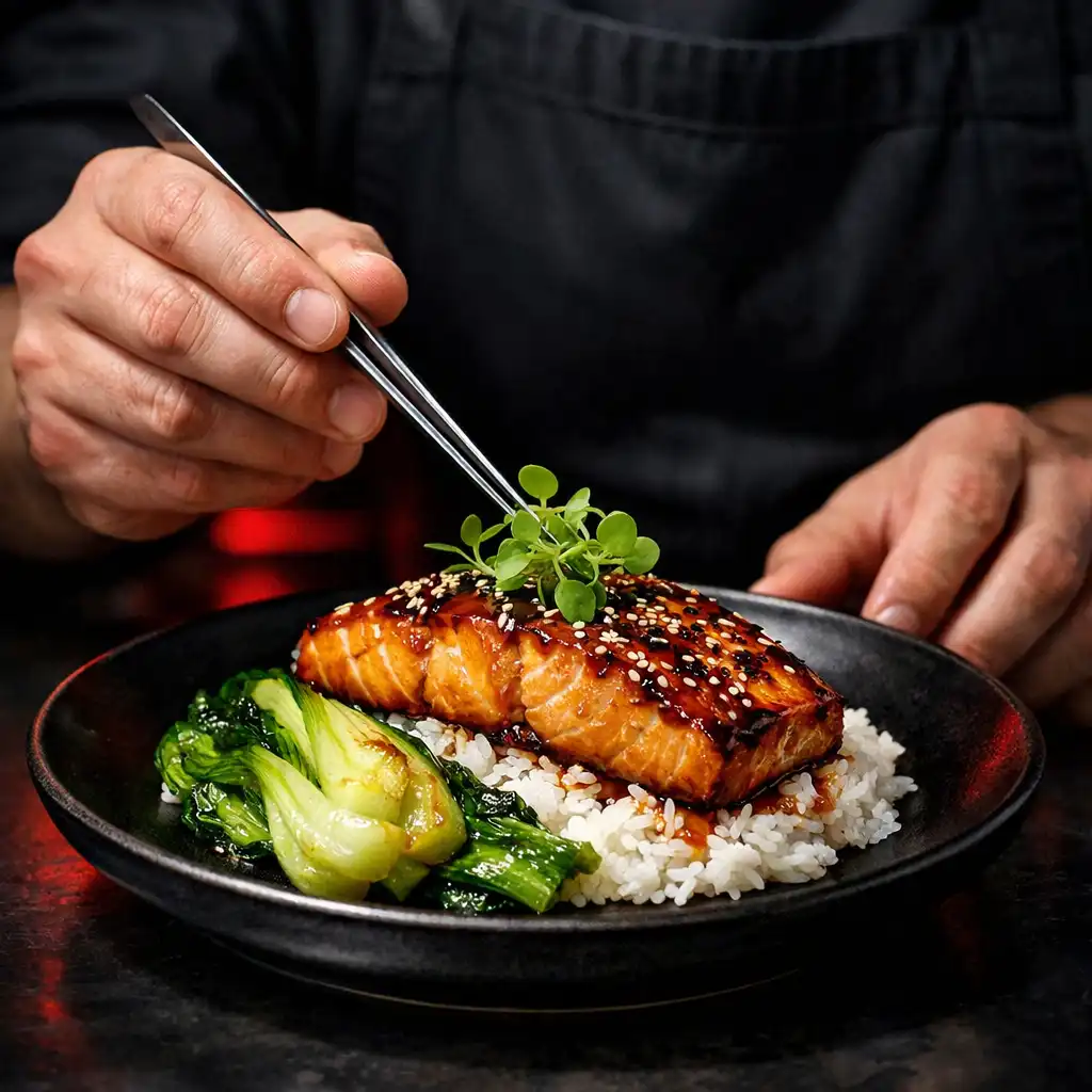 Chef plating a miso-glazed salmon fusion dish in a dark kitchen with crimson accent lighting