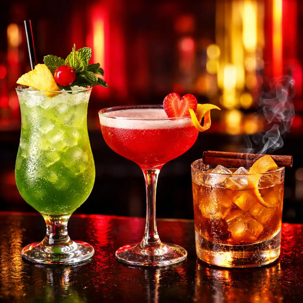 Selection of three designer cocktails with unique garnishes on a dark bar counter