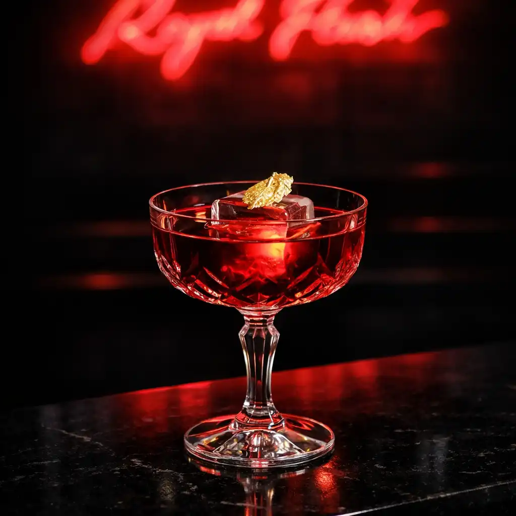 Designer cocktail with crimson and gold accents glowing under neon light at the Luckydealerhouse bar