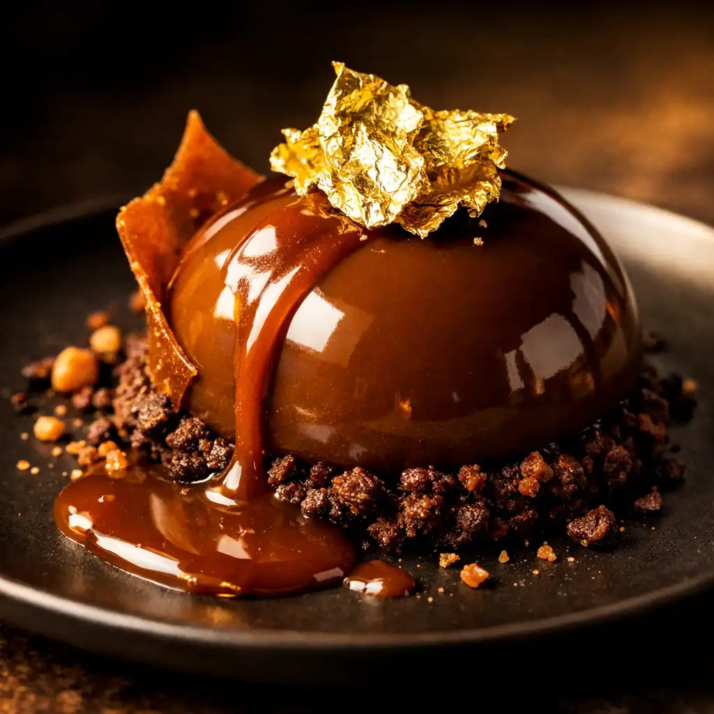 Elegant dessert with gold leaf accent on a dark plate