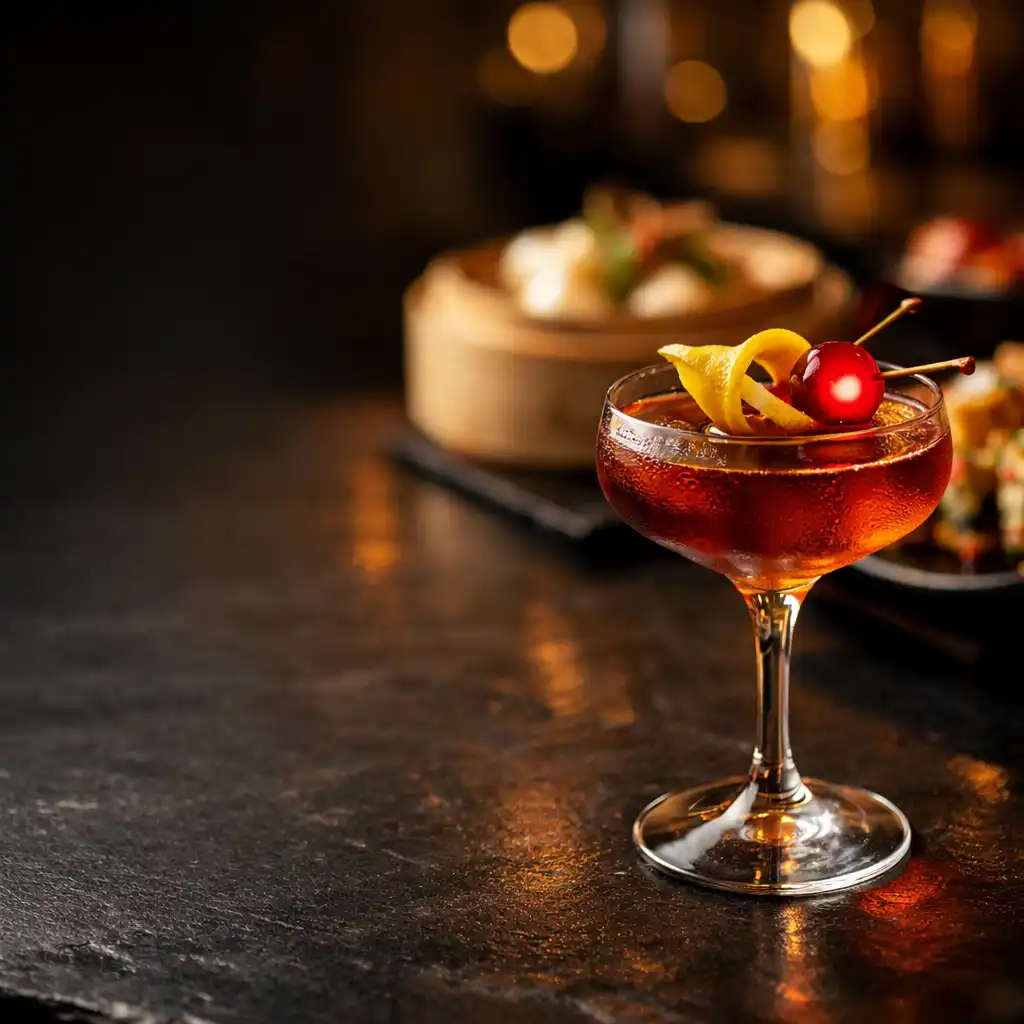 Designer cocktail on a dark slate bar top with blurred Asian fusion dishes in the background