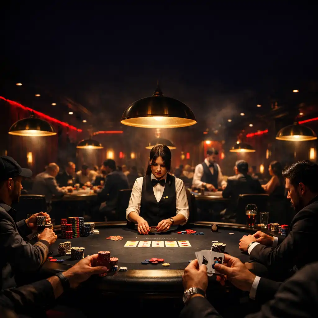 Players seated at professional felt poker tables inside the Luckydealerhouse lounge with crimson neon accents