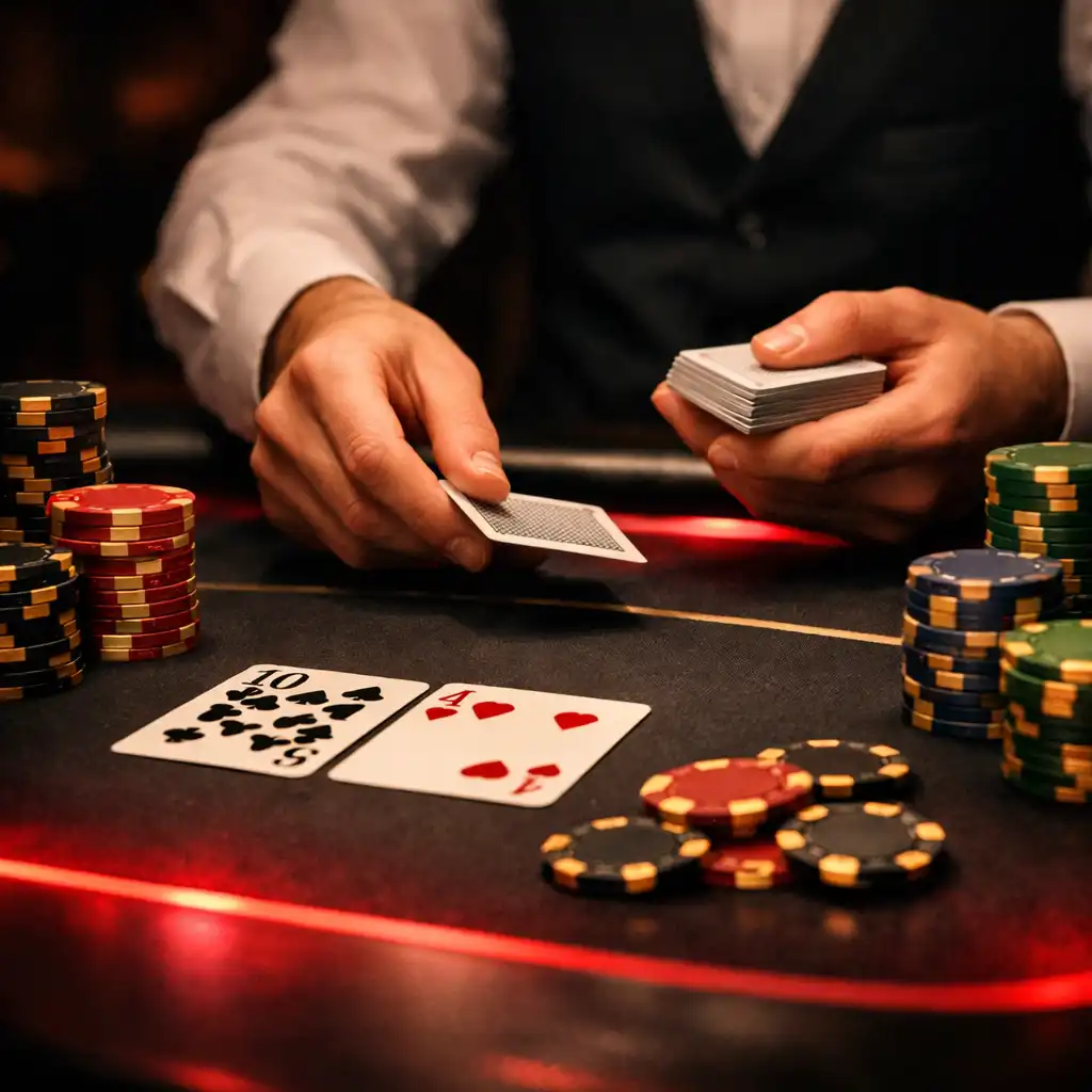 Professional poker table with cards being dealt and chips stacked under a crimson neon glow