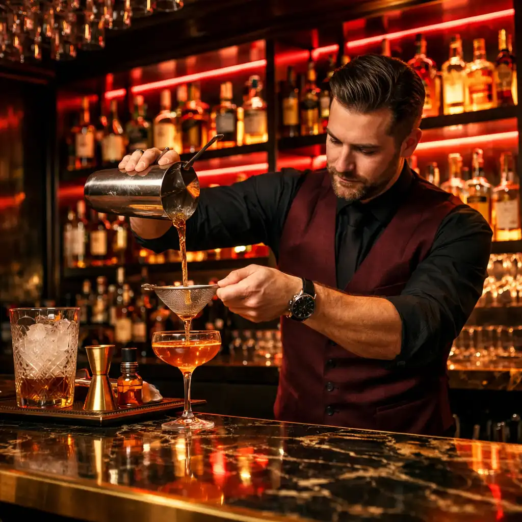 Bartender crafting a cocktail at the Luckydealerhouse bar with backlit shelves