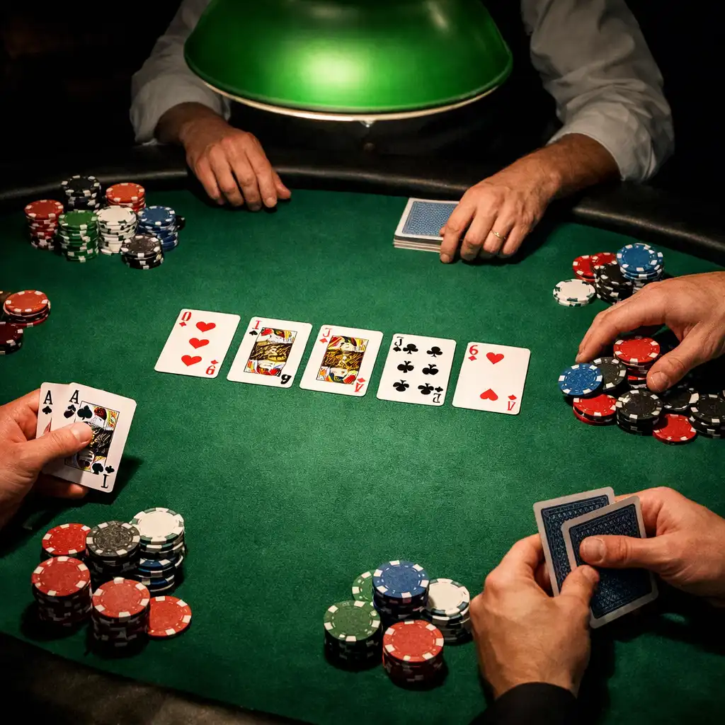 Close-up of poker action on a felt table with chips and cards
