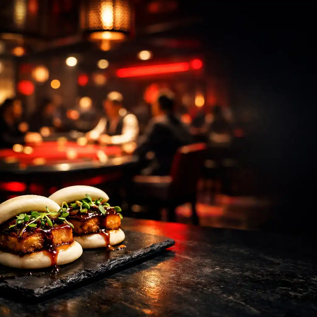 Asian fusion dish in the foreground with felt poker tables glowing softly in the background at Luckydealerhouse