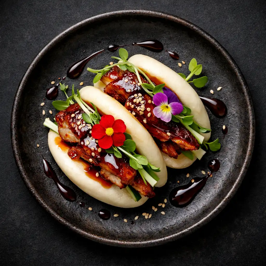 Signature Asian fusion dish with Peking duck bao and microgreens