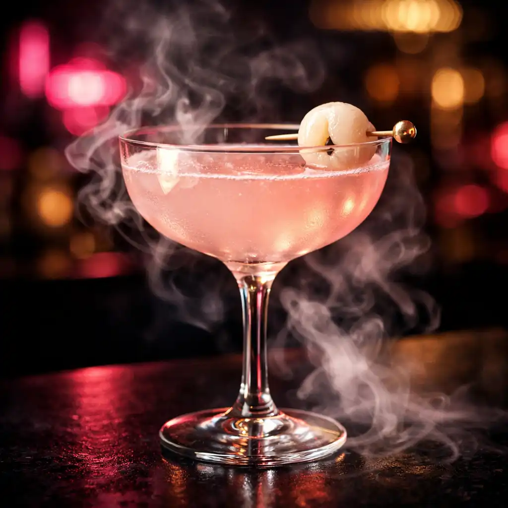 Designer cocktail with lychee garnish on a dark bar counter