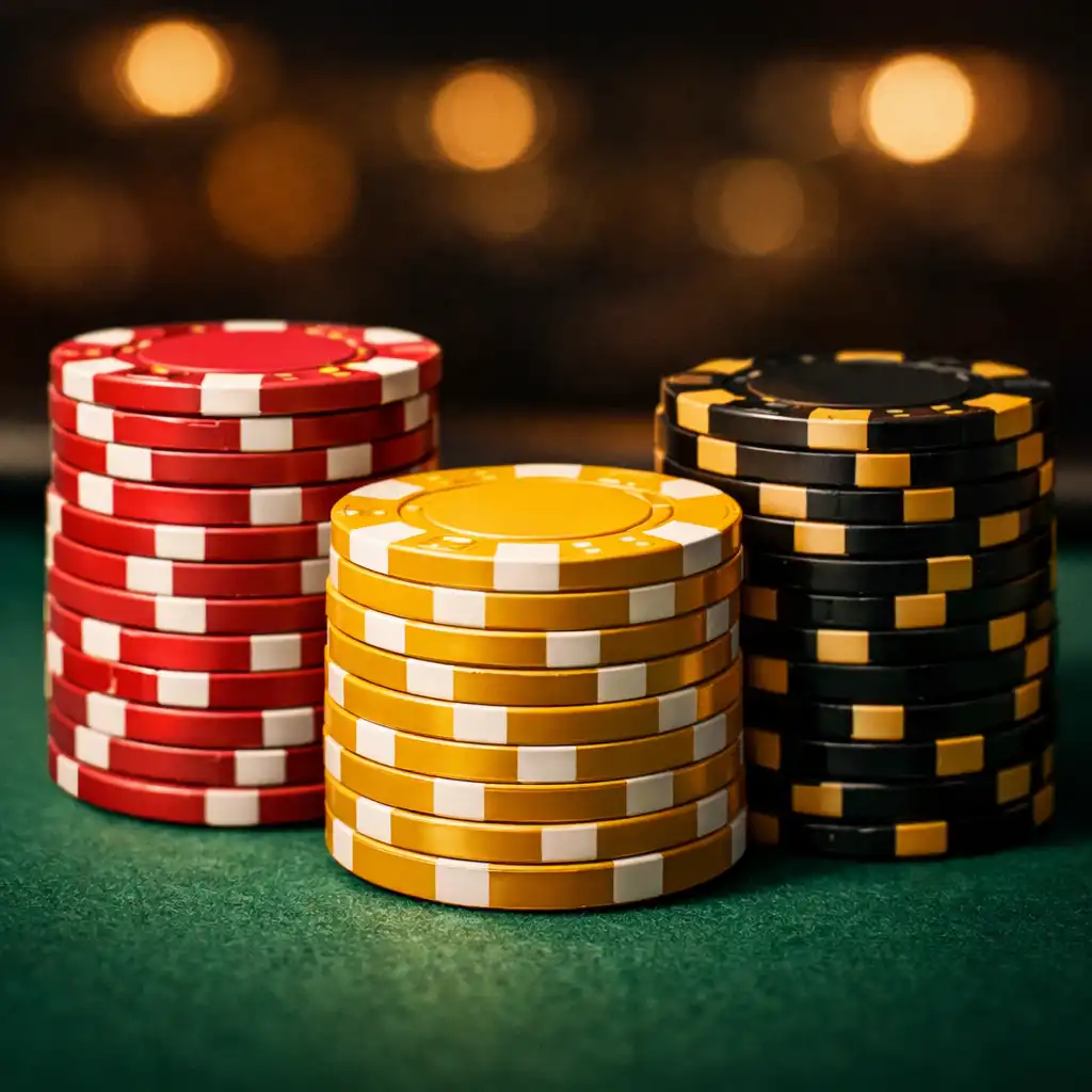 Close-up of crimson, gold, and black poker chips stacked on a felt poker table