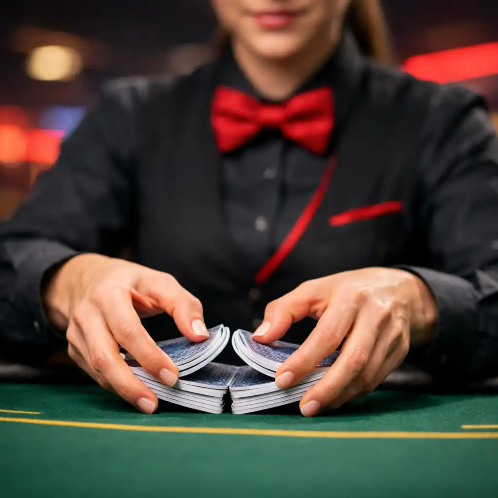 Professional live dealer in a black uniform with crimson accent shuffling cards at a felt poker table
