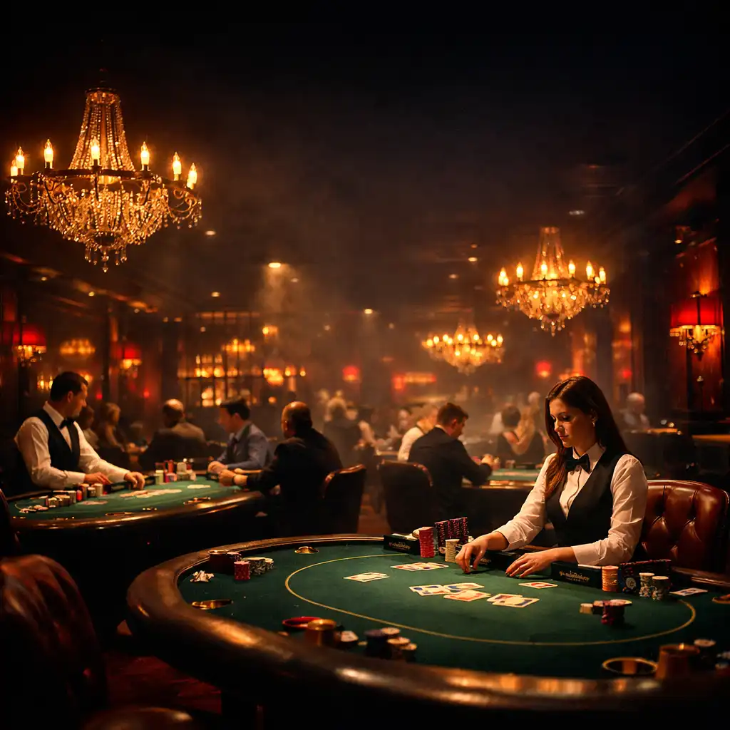 Wide-angle view of the Luckydealerhouse offline poker hall with felt poker tables, professional live dealers, and crimson and gold ambient lighting