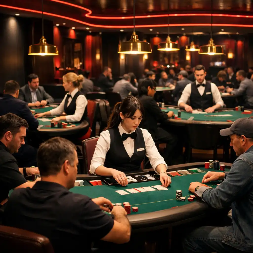 Interior view of the Luckydealerhouse poker room with felt poker tables, professional live dealers, and players engaged in a game