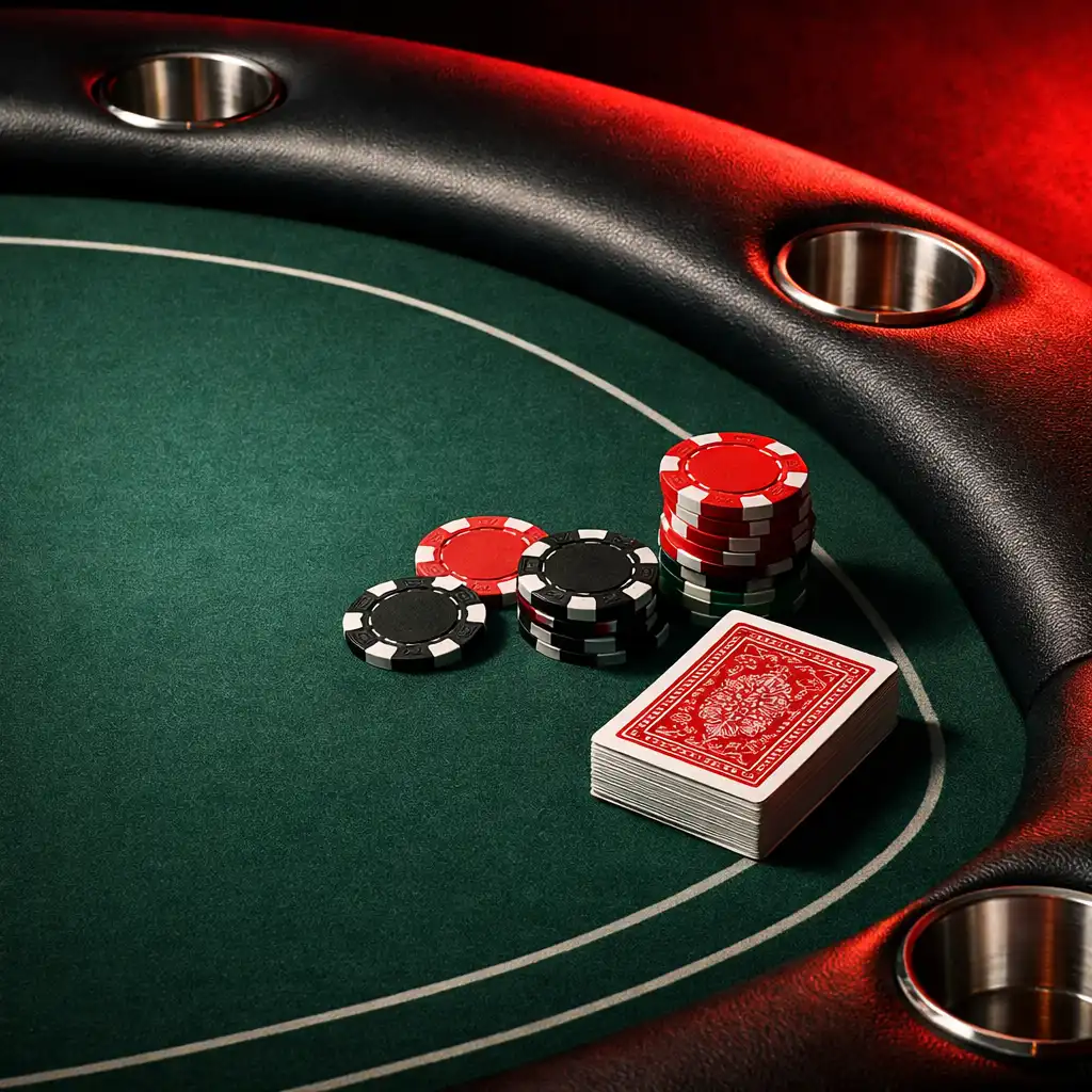Detail shot of a premium felt poker table with smooth felt surface, padded rail, chips, and a deck of cards