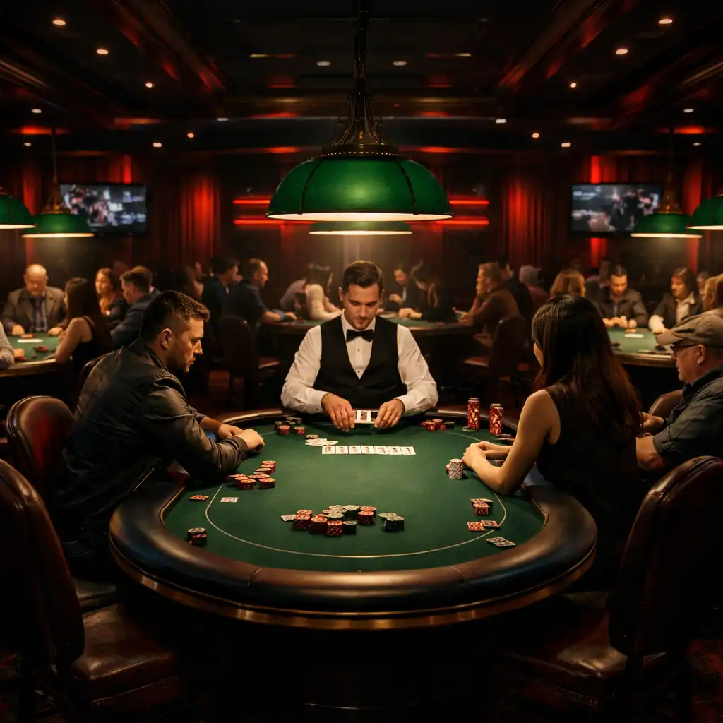 Professional offline poker hall at Luckydealerhouse with felt tables and live dealers