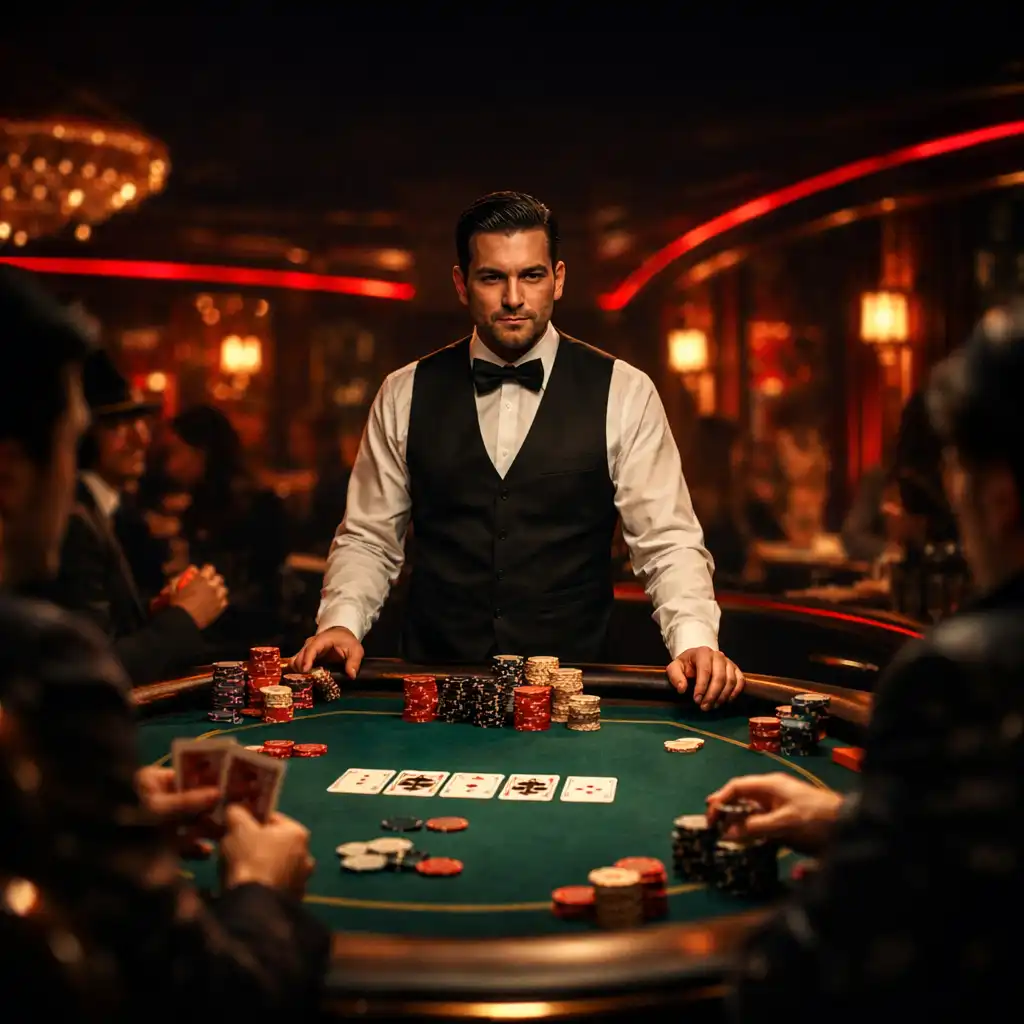 Professional dealer standing behind a felt poker table in a dimly lit lounge with crimson neon accents