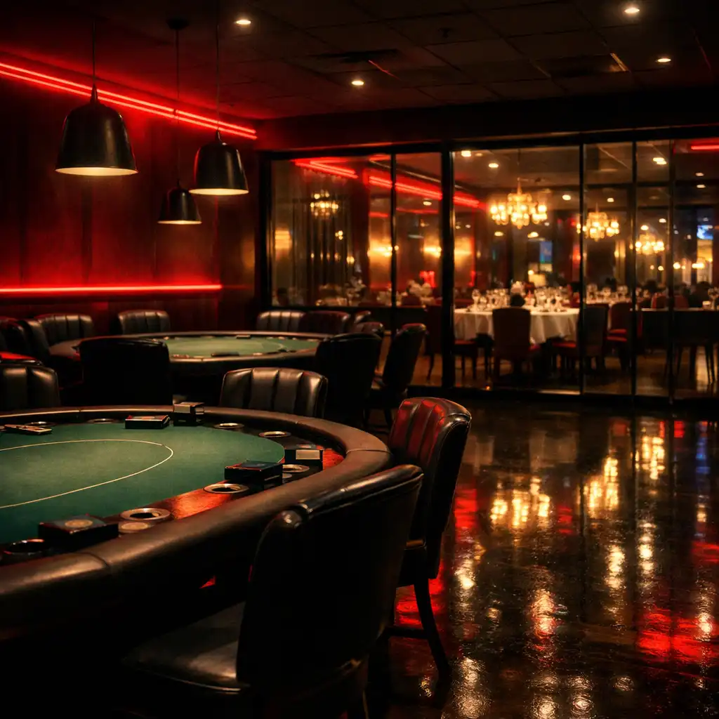 Poker room ambiance with empty felt tables and crimson neon lighting