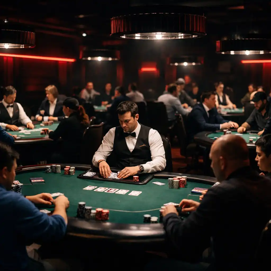 Professional offline poker room with multiple felt tables, live dealers, and crimson neon accents