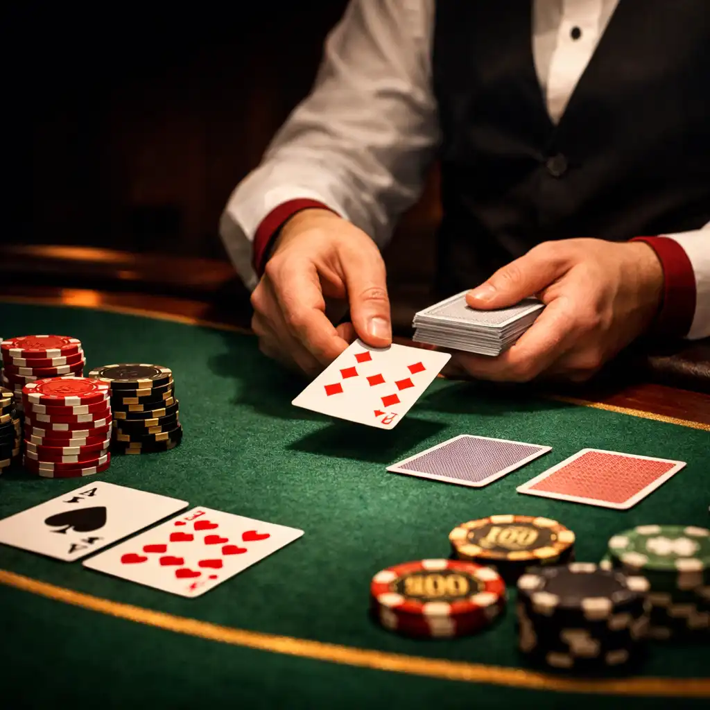 Close-up of a felt poker table with chips and cards as a professional dealer's hands deal