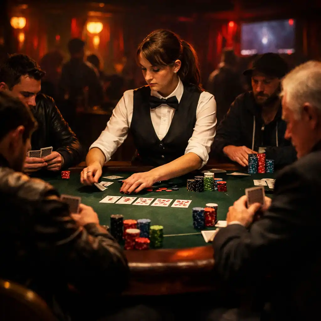 Poker tournament in progress with focused players and a professional live dealer