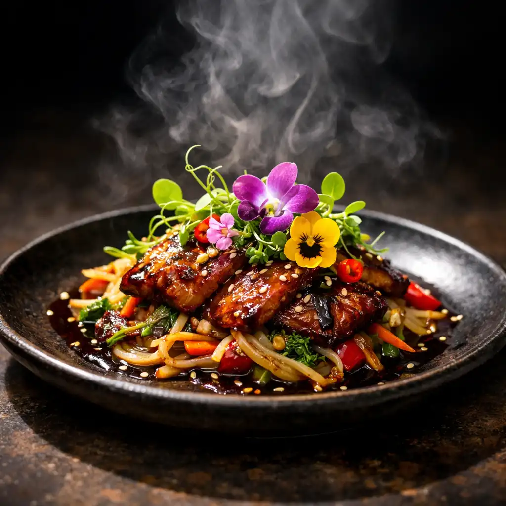 Vibrant Asian fusion dish with elegant plating and microgreens