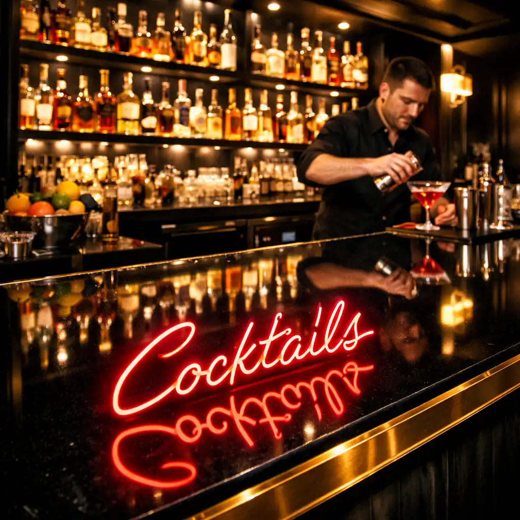 Sleek bar area with backlit premium spirits and a bartender crafting a cocktail
