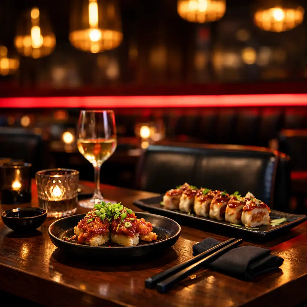 Main dining area with ambient crimson lighting and dark wood tables