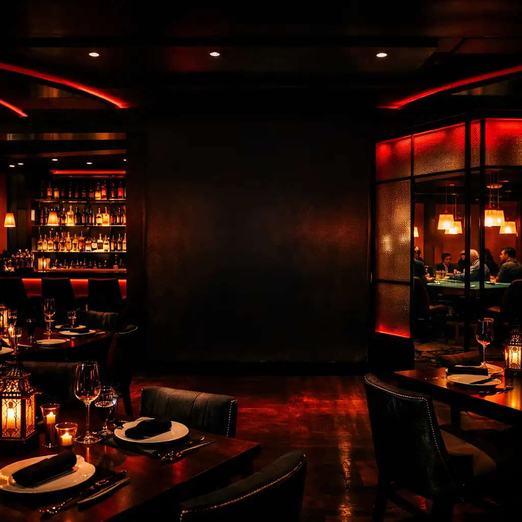 Upscale Luckydealerhouse interior at night with crimson neon lighting, dining tables, and a sleek bar