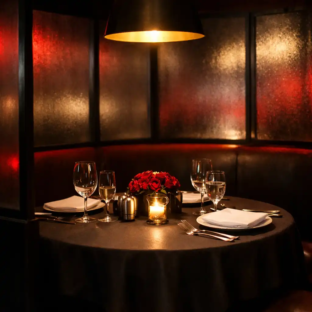Private dining nook with frosted glass partitions and intimate lighting
